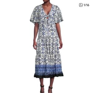 NEW Taylor Dress Blue White Boho Pattern Flutter Sleeve Tiered Flounce Sz 6